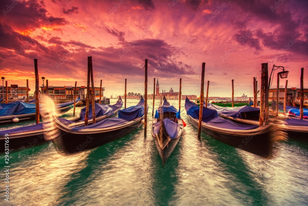 Gondolas moored by Saint Mark square, Venice, Italy, Europe. - obrazy, fototapety, plakaty 