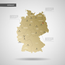 Stylized Vector Germany Map.  Infographic 3d Gold Map Illustration With Cities, Borders, Capital, Administrative Divisions And Pointer Marks, Shadow; Gradient Background.