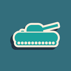 Sticker - Green Military tank icon isolated on blue background. Long shadow style. Vector Illustration