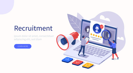 Wall Mural - People Characters Choosing Best Candidate for Job. Hr Managers Searching New Employee. Recruitment Process. Human Resource Management and Hiring concept. Flat Isometric Vector Illustration.