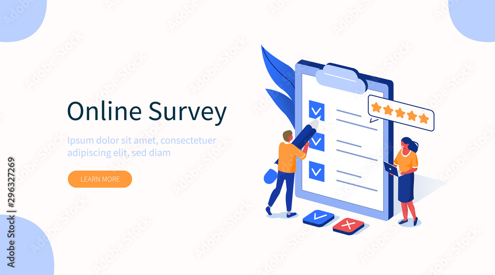  People Characters Filling Test in Customer Survey Form. Woman and Man putting Check Mark on Checklist. Customer Experiences and Satisfaction Concept. Flat Isometric Vector Illustration. - obrazy, fototapety, plakaty 