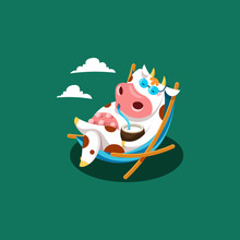 Vector Illustration Of Cute Cow In Sunglasses Drinks Coconut Milk From Coconut Sitting In A Deck Chair
