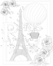 Zen Art Stylized Eiffel Tower. Sketch, Poster, Children Or Adult Coloring Pages. France Collection.Boho Style