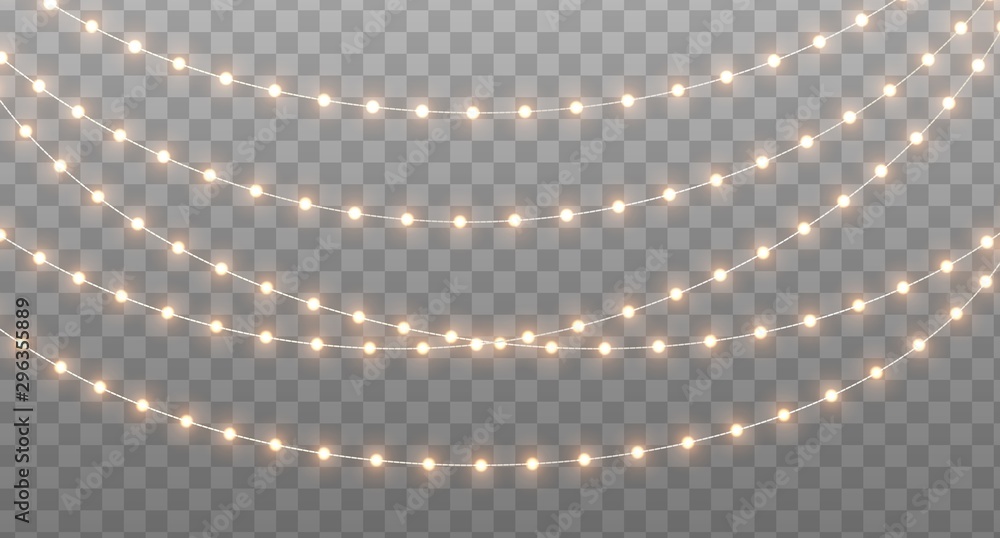Christmas garland isolated on transparent background. Glowing yellow light bulbs with sparkles. Xmas, New Year, wedding or Birthday decor. Party event decoration. Winter holiday season element. - obrazy, fototapety, plakaty 