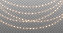 Christmas Garland Isolated On Transparent Background. Glowing Yellow Light Bulbs With Sparkles. Xmas, New Year, Wedding Or Birthday Decor. Party Event Decoration. Winter Holiday Season Element.