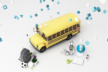Back To School ,inspiration, Poster With Educational Equipment And School Bus. 3d Rendering