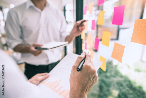 Fotomural Business people meeting at office and use sticky notes on glass wall in office, diverse employees people group planning work together brainstorm strategy