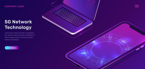 Wall Mural - 5g network technology, isometric concept vector illustration. open laptop, mobile phone screen with 