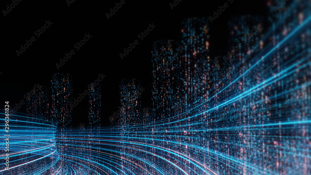 3D Rendering of abstract highway path through digital binary towers in city. Concept of big data, machine learning, artificial intelligence, hyper loop, virtual reality, high speed network.  - obrazy, fototapety, plakaty 