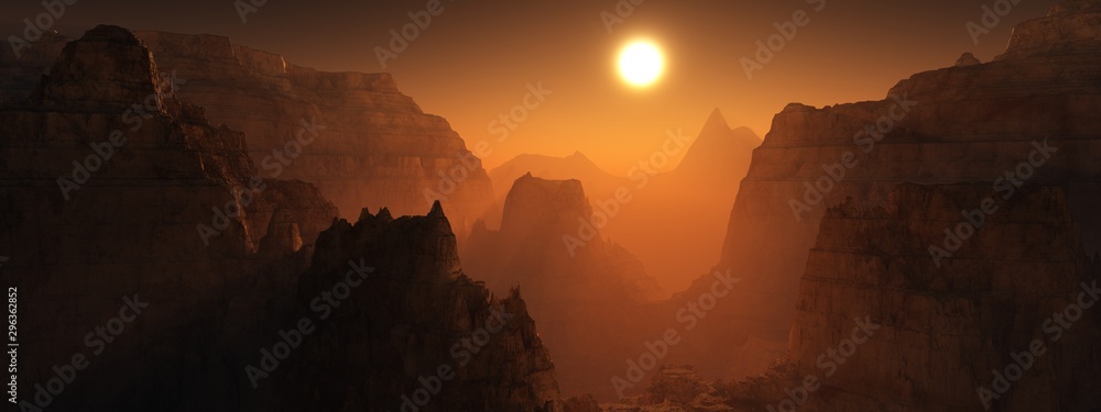 Canyon of Mars at sunset. Alien landscape. 3d rendering. - obrazy, fototapety, plakaty 