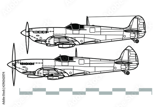 Fotomural Supermarine Spitfire V - IX. Outline vector drawing