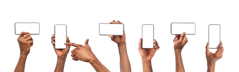 Set of black man's hands holding smartphone with blank screen