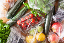 Single Use Plastic Waste Issue. Fruits And Vegetables In Plastic Bags