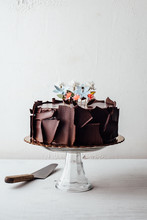 Close Up View Of Chocolate Truffle Cake With Cake Stand And Spatula