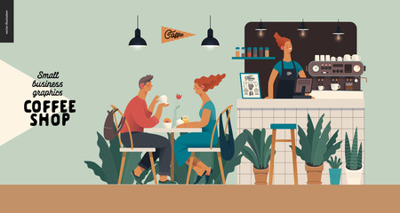 coffee shop interior-small business illustrations -visitors -modern flat vector concept illustration