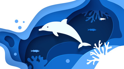 Wall Mural - Underwater world. Paper art underwater ocean concept with dolphin silhouette. Paper cut sea background with dolphin, waves, fish and coral reefs. Save the ocean. Craft vector illustration
