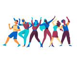 Fototapeta  - Group of happy cheering characters in different poses expressing various emotions celebrate at a party. Company men women avatars isolated on white background. Vector illustration