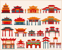 Set Of Chinese Temples, Gates And Traditional Buildings On A White Background.