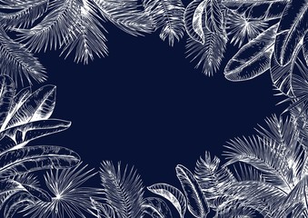 Wall Mural - Tropical frame with sketchy palm and banana leaves . Hand drawn vector illustration on navy blue background. White line drawing.