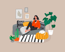 Girl Girl Sitting And Resting On The Couch With A Cat And Coffee. Daily Life And Everyday Routine Scene By Young Woman In Scandinavian Style Cozy Interior With Homeplants. Cartoon Vector