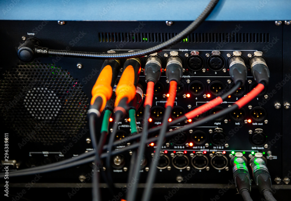 Rear console of control panel for equipment with connection cables to ...