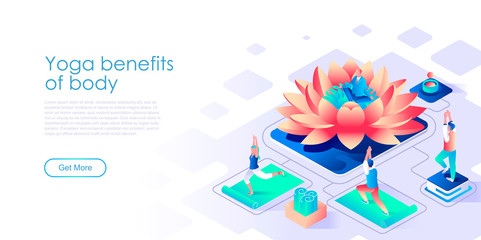 Poster - Yoga benefits for body isometric landing page vector template