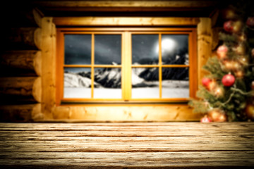 Table background of free space and winter window 