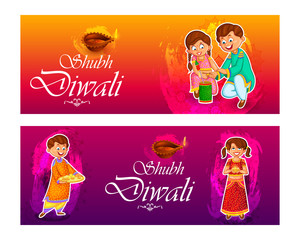 Poster - Indian kids enjoying firecracker celebrating Diwali light festival of India in vector