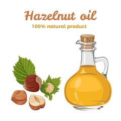 Wall Mural - Hazelnut oil in glass bottle isolated on  white background. Vector illustration of healthy food in cartoon flat simple style.