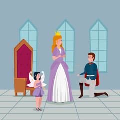 Sticker - princess with prince in indoor castle vector illustration design