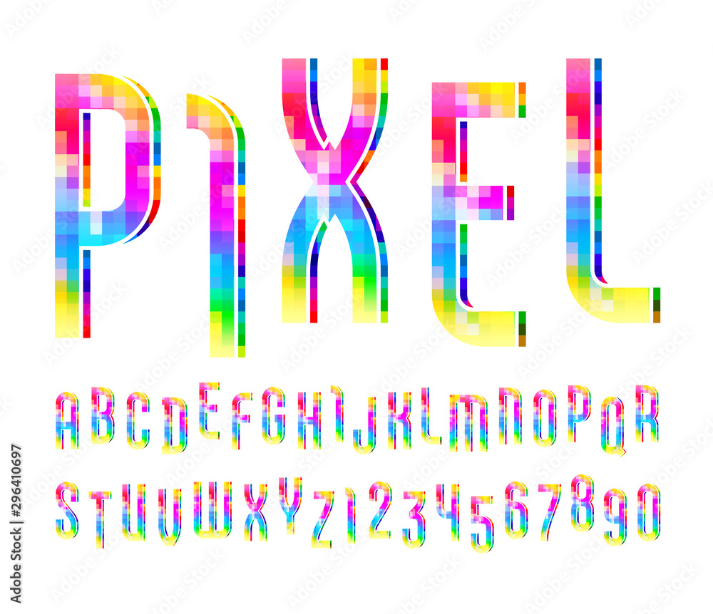 Pixel Letters Color Pixel font of colored pixel, trendy bright alphabet sans serif, modern ...
