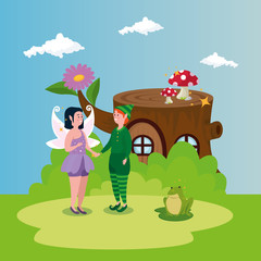 Sticker - elf with fairy in scene magic vector illustration design