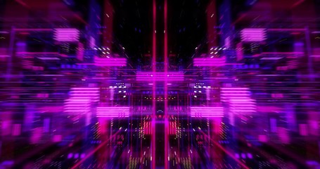 Virtual data on digital screen display, future technology and programming concept. Flying futuristic central processing unit. electronic circuitry within a computer. Seamless loop, 3D render