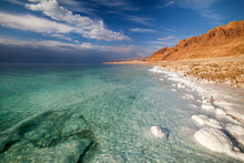 View Of Dead Sea Coastline At Sunset Time