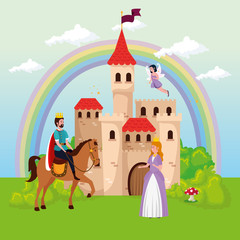 Sticker - princess with king and fairy in scene magic vector illustration design