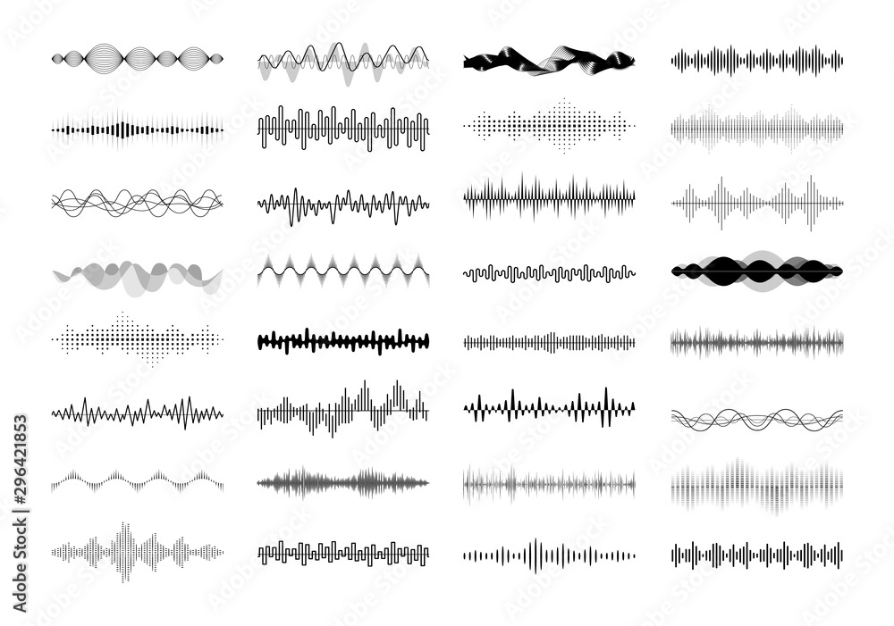 Set of waving, vibration and pulsing lines. Graphic design elements for financial monitoring, medical equipment, music app. Isolated vector illustration. - obrazy, fototapety, plakaty 