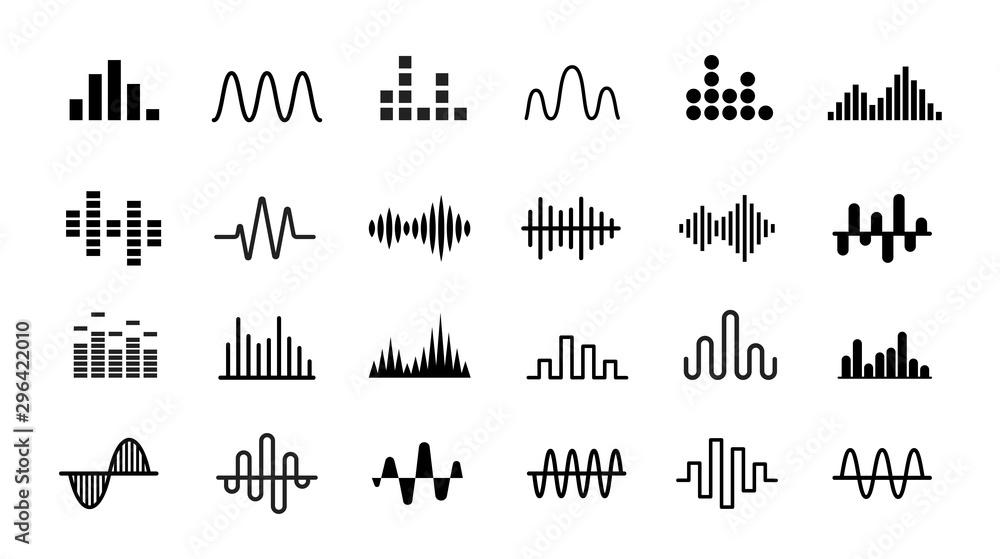 Set of Radio Wave icons. Monochrome simple sound wave on white background. Isolated vector illustration. - obrazy, fototapety, plakaty 