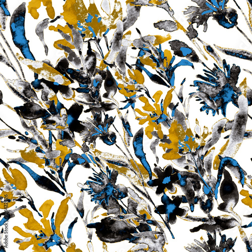 Watercolor seamless pattern with hand drawn flower. Vintage floral print. Bot...