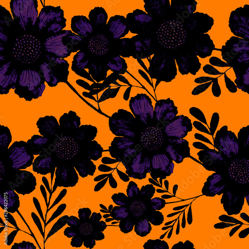 Watercolor seamless pattern with hand drawn meadow flowers. Vintage floral pa...