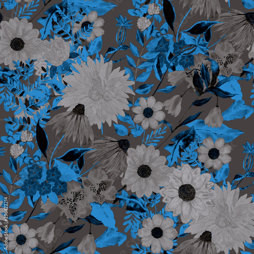 Watercolor seamless pattern with hand drawn meadow flowers. Vintage floral pa...