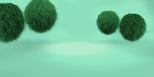 3D Rendering Of A Green Geometric Background For Commercial Advertising. Green Fur Balls. Green Fluffy Hairs Ball On Green Background