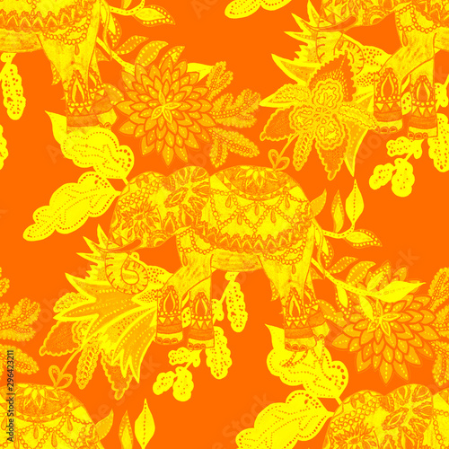 Creative seamless pattern with hand drawn fantasy flowers and elephant. Trend...