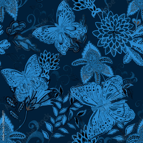 Creative seamless pattern with hand drawn fantasy flowers and butterflies. Tr...