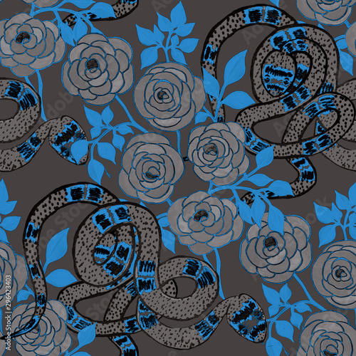 Creative seamless pattern with hand drawn roses and snakes. Fashion floral pr...