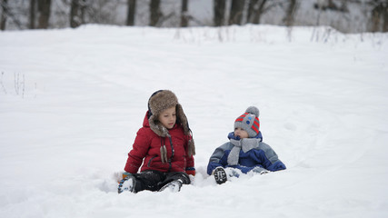 Wall Mural - Children play with snow together, beautiful childhood with brother