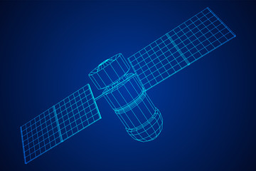 Space station communications satellite. Wireframe low poly mesh vector illustration.