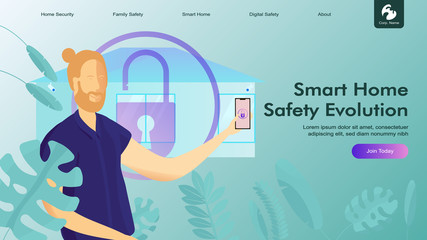 Creative website design template: smart home security, remote wireless house control. Vector flat illustration concepts of web page for desktop and mobile development or poster banner layout