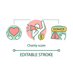 Poster - Charity scam concept icon. Fake non profit organization idea thin line illustration. Suspicious aid institution. Non existent companies. Vector isolated outline drawing. Editable stroke