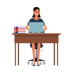 Wall Mural - cartoon business woman at a desk, flat design