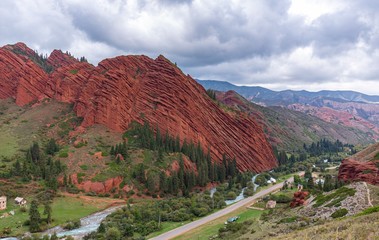 Wall Mural - Kyrgyzstan gorges.Sky blue. Mountain valley. Panoramic view. Park, outdoor.